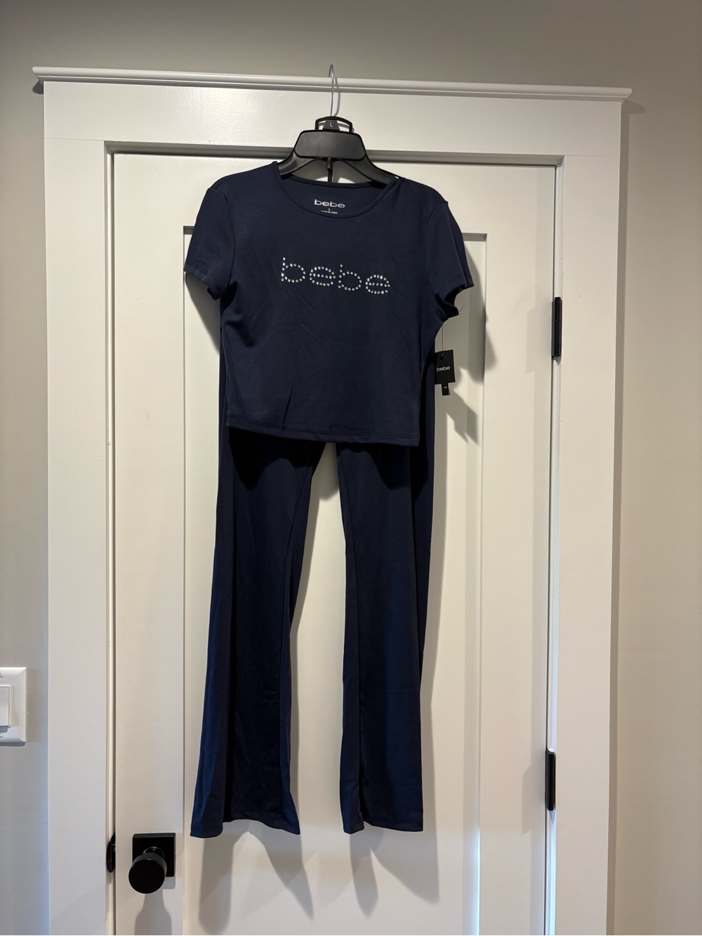 NEW bebe Navy Rhinestone Logo Tee & Pants Lounge Set SIZE LARGE